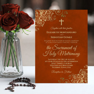Elegant Rust Orange & Gold Modern Catholic Wedding Invitation