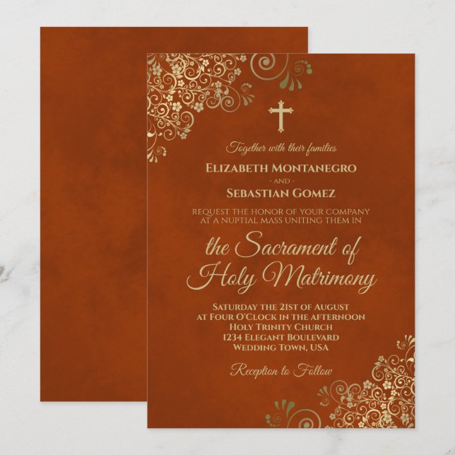 Elegant Rust Orange & Gold Modern Catholic Wedding Invitation (Front/Back)