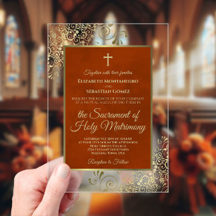 Elegant Rust Orange & Gold Ornate Catholic Wedding Acrylic Invitations