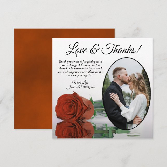 Elegant Rust Orange Rose Oval Photo Wedding Thank You Card (Front/Back)