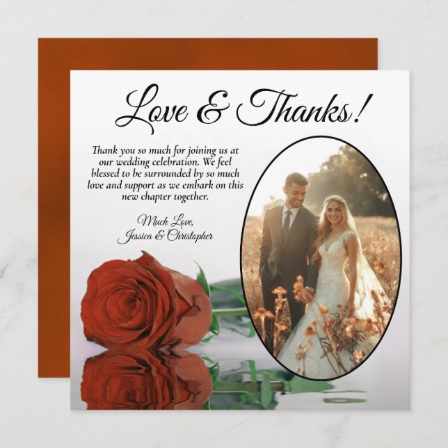 Elegant Rust Orange Rose Oval Photo Wedding Thank You Card (Front/Back)