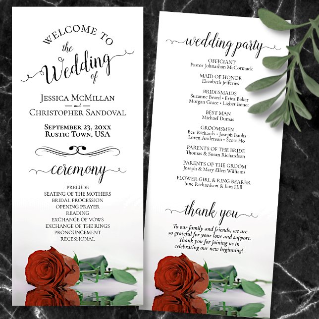 Elegant Rust Orange Rose Simple Romantic Wedding Programme (Front and Back)