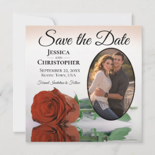Elegant Rust Orange Rose with Oval Photo Wedding Save The Date