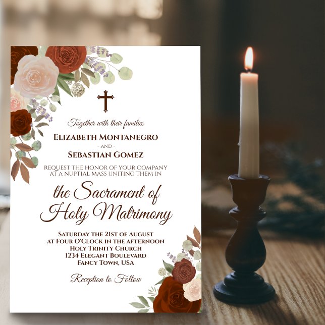Elegant Rust Orange Roses Modern Catholic Wedding Invitation (Creator Uploaded)