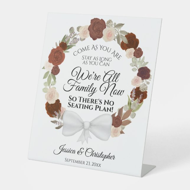 Elegant Rust Orange Roses Open Seating Wedding Pedestal Sign (Front)