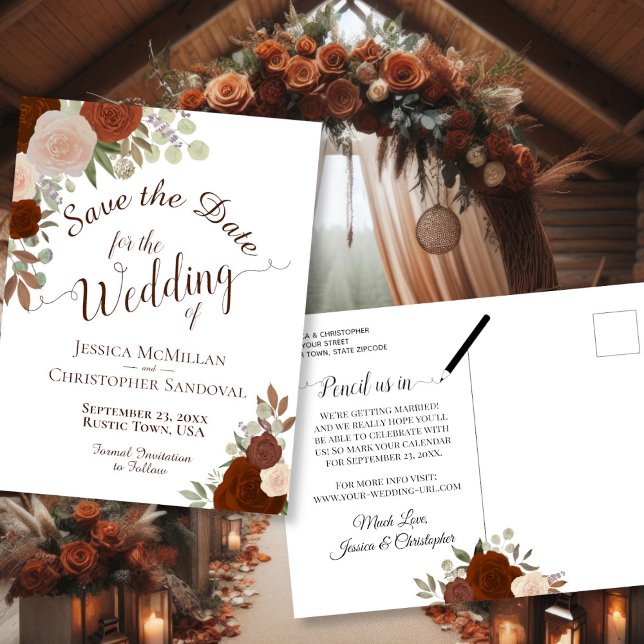 Elegant Rust Orange Roses Wedding Save the Date Announcement Postcard (Front/Back)