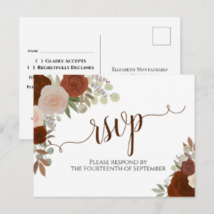 Elegant Rust Orange Watercolor Roses Wedding RSVP Postcard
