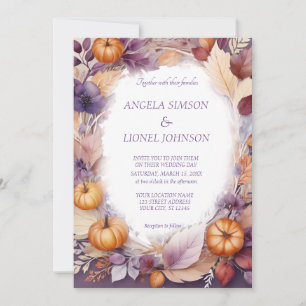 Elegant Rust Pumpkin Purple Flowers Wedding Invitation