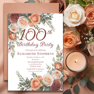 Elegant Rust Terracotta Rose Floral 100th Birthday Invitation