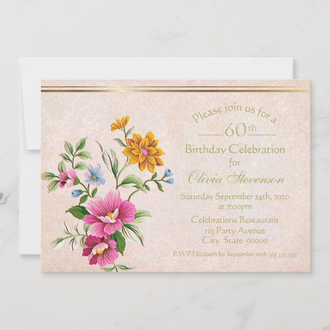 Elegant Rustic Antique Gold Floral 60th Birthday Invitation (Front)