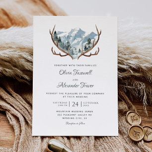 Elegant Rustic Antlers Mountain Wedding Invitation