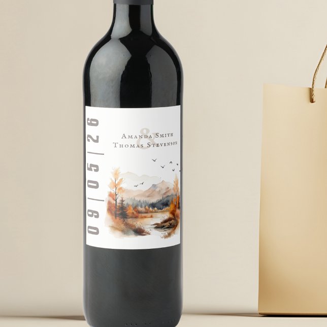 Elegant Rustic Autumn Landscape Wedding Wine Label (Creator Uploaded)
