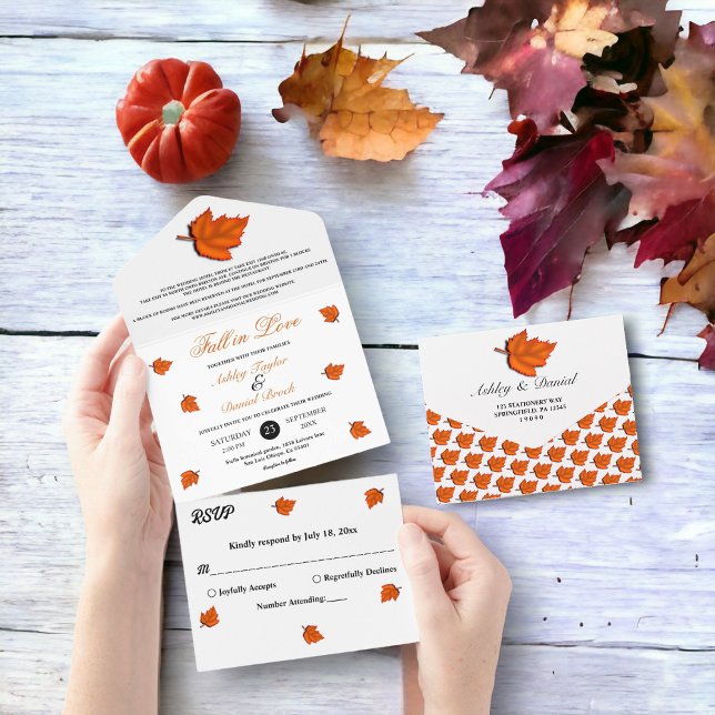 Elegant Rustic Autumn Leaves Chic Fall Wedding All In One Invitation (Creator Uploaded)