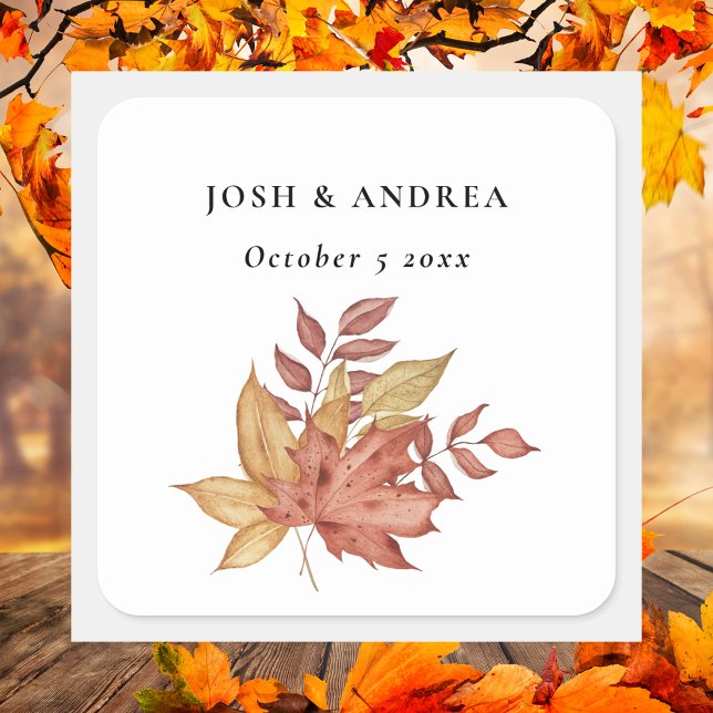 Elegant Rustic Autumn Leaves Simple Typography Square Sticker (Creator Uploaded)