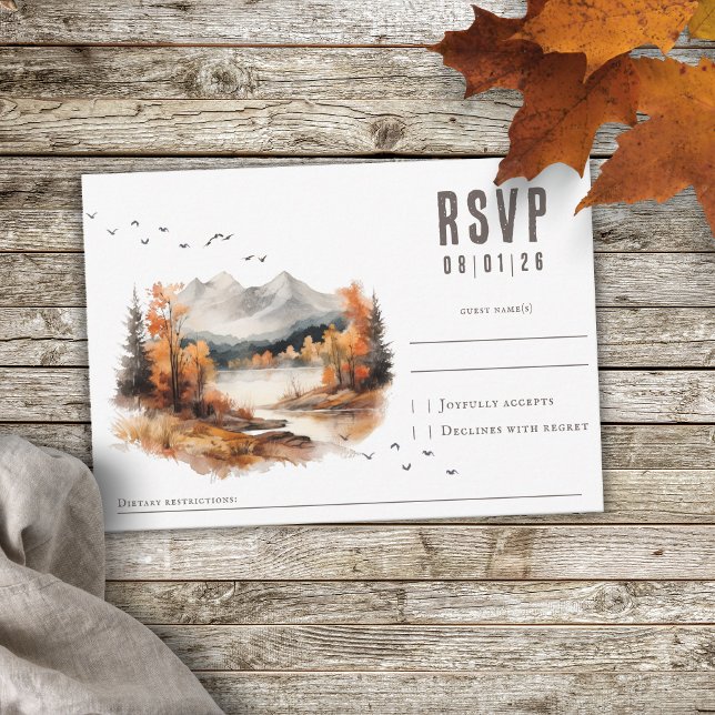 Elegant rustic autumn montain landscape wedding RSVP card (Creator Uploaded)
