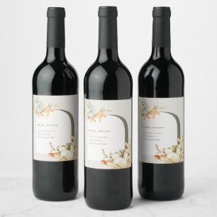 Elegant Rustic Autumn Pumpkin Arch Floral Wedding Wine Label