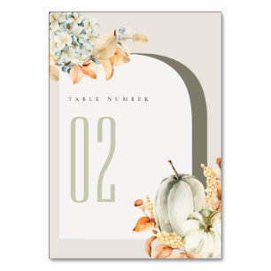 Elegant Rustic Autumn Pumpkin Leafy Floral Table Number