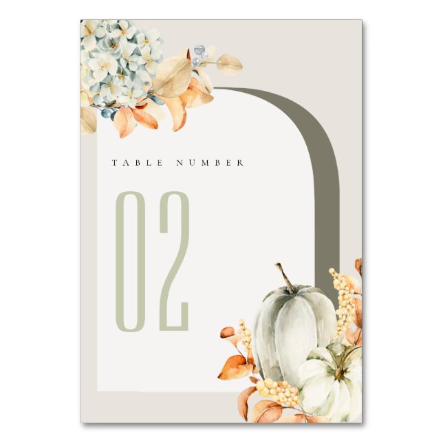 Elegant Rustic Autumn Pumpkin Leafy Floral Table Number (Front)