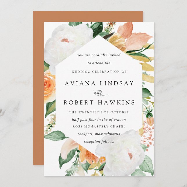 Elegant Rustic Autumn Rose Peony Floral Wedding Invitation (Front/Back)