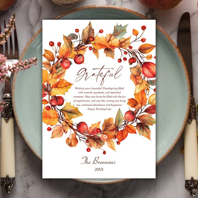 Elegant Rustic Autumn Wreath Thanksgiving  Holiday Card (Elegant Rustic Autumn Wreath Thanksgiving Holiday Card)
