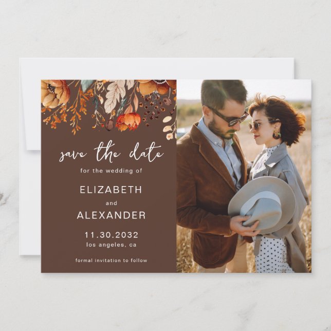 Elegant Rustic autumnal floral brown wedding photo Save The Date (Front)