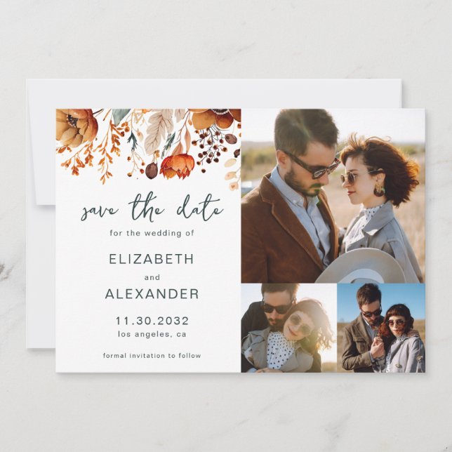 Elegant Rustic autumnal floral wedding 3 photos Save The Date (Front)