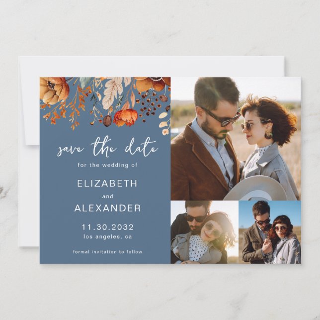 Elegant Rustic autumnal floral wedding 3 photos Save The Date (Front)