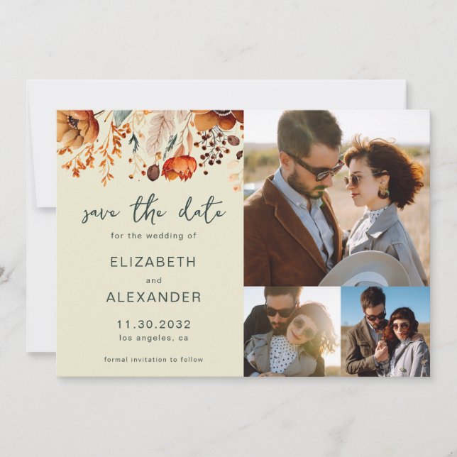 Elegant Rustic autumnal floral wedding 3 photos Save The Date (Front)
