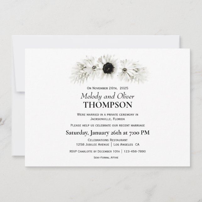 Elegant Rustic Black and White Floral Post Wedding Invitation (Front)
