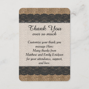 Elegant Rustic Black Lace and Jute Design Thank You Card