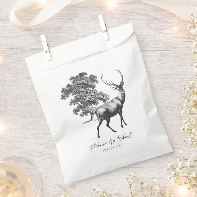 Elegant Rustic Black White Deer in Woods Favour Bags (Clipped)