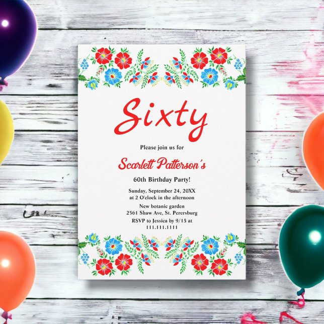 Elegant Rustic Blue Red Roses Floral 60th Birthday Invitation (Creator Uploaded)