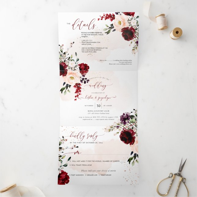 Elegant Rustic Blush Burgundy Watercolor Flowers Tri-Fold Invitation (Inside)