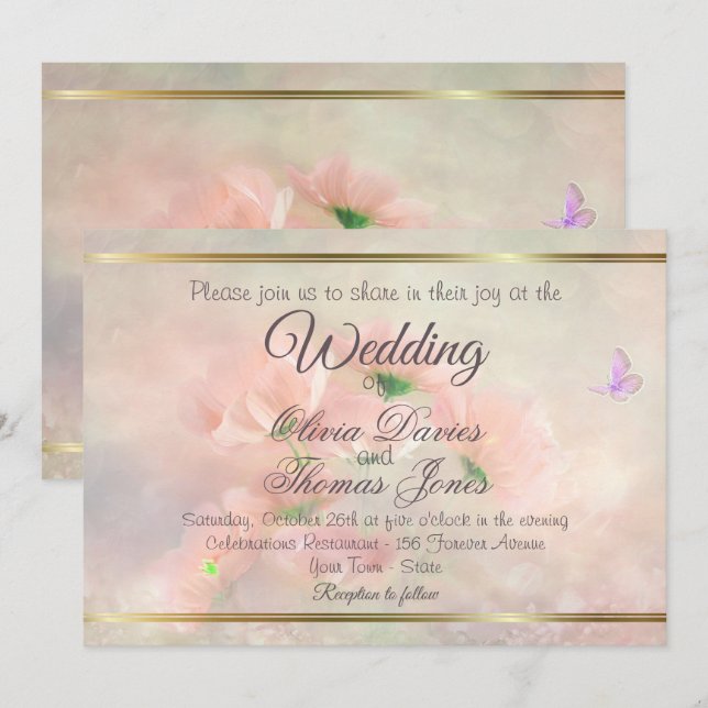 Elegant Rustic Blush Pink Floral Butterfly Wedding Invitation (Front/Back)