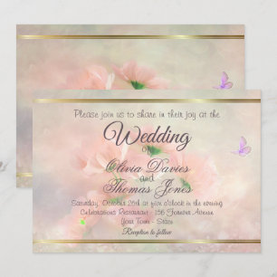 Elegant Rustic Blush Pink Floral Butterfly Wedding Invitation