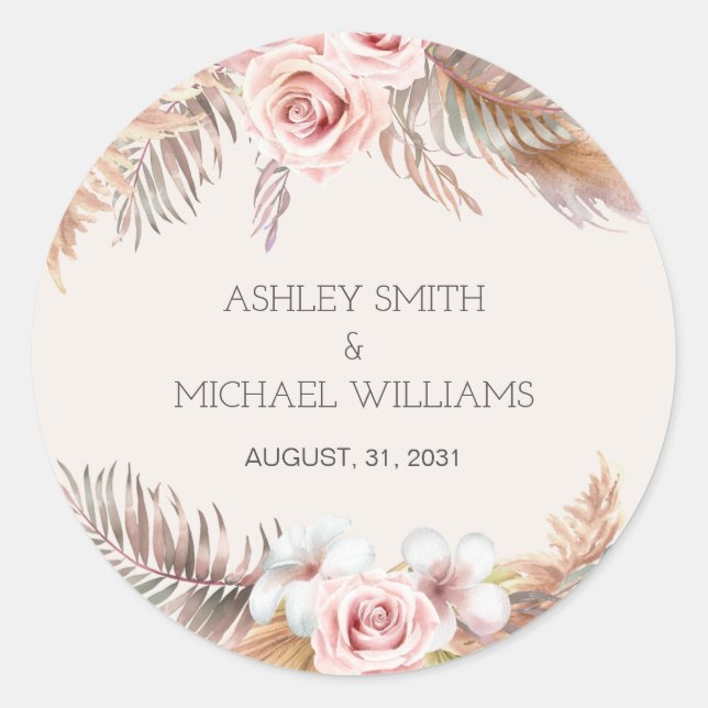 Elegant Rustic Boho Floral Botaniqe Wedding Classic Round Sticker (Front)