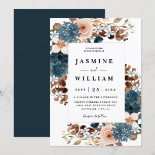 Elegant Rustic Boho Floral Navy Blue Wedding  Invitation