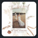 Elegant Rustic Boho Pampas  Square Sticker<br><div class="desc">This elegant design features stunning spice brown, moss green, and cream bohemian pampas floral bouquets. To enhance the details of your Thank You, the script includes whimsical calligraphy and your lovely photo against a deckled edge frame. Replace with your personal details, including your best photo, to make it your very...</div>