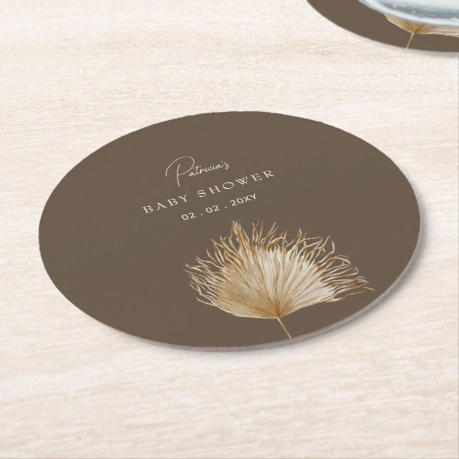 Elegant Rustic Botanical Boho Baby Shower Round Paper Coaster (Angled)