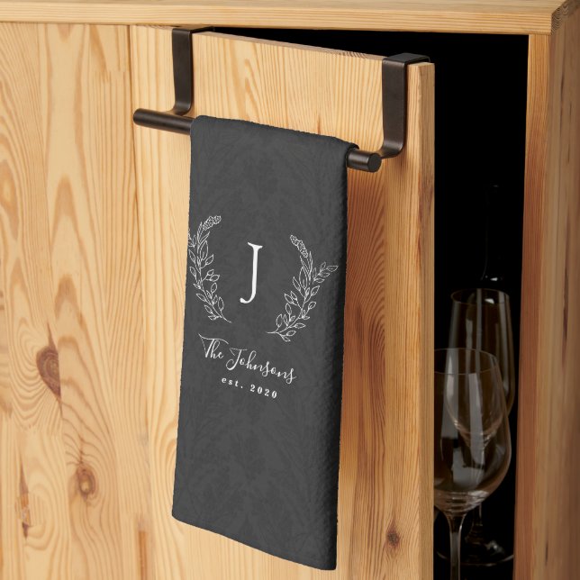 Elegant rustic botanical laurel monogram name tea towel (Thirds Fold)
