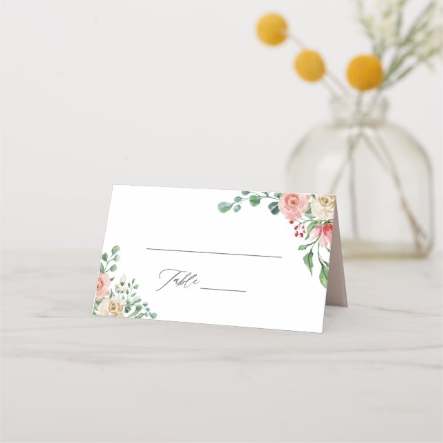 Elegant Rustic Botanical Rose Floral Wedding Place Card (Front)