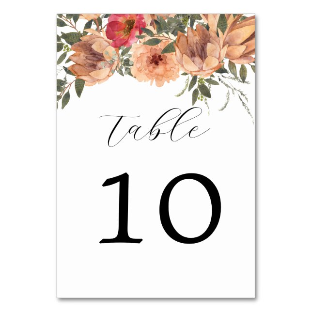 Elegant Rustic Brown Florals Wedding Table Number (Front)