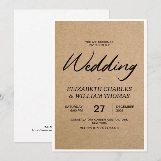 Elegant Rustic Brown Paper Wedding Invitation (Front/Back)