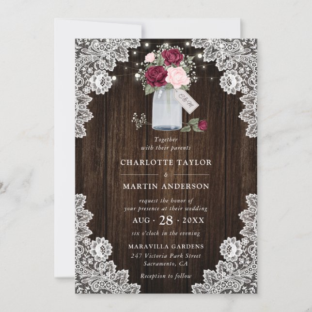 Elegant Rustic Burgundy Blush Pink Floral Wedding Invitation (Front)