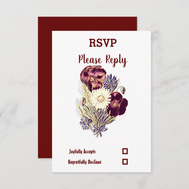 Elegant Rustic Burgundy Floral Maroon Wedding  RSVP Card (Front/Back)