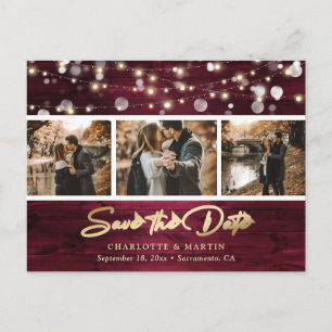 Elegant Rustic Burgundy Gold Foil Wedding Photo Announcement Postcard