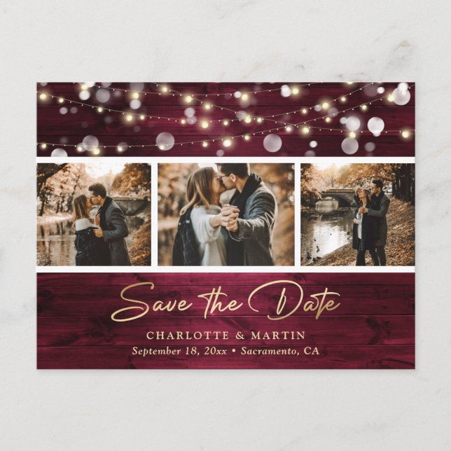 Elegant Rustic Burgundy Gold Foil Wedding Photo Announcement Postcard (Front)