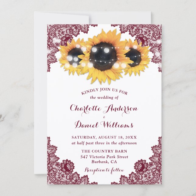Elegant Rustic Burgundy Lace Sunflower Wedding Invitation (Front)