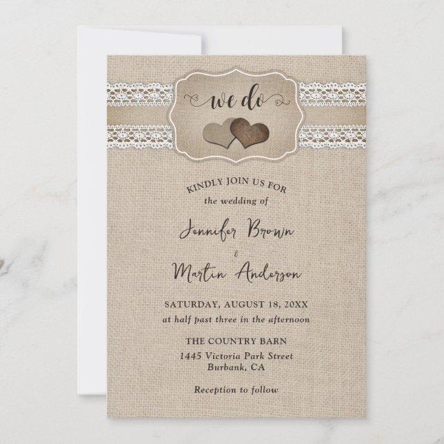 Elegant Rustic Burlap and Lace Wedding Invitation (Front)
