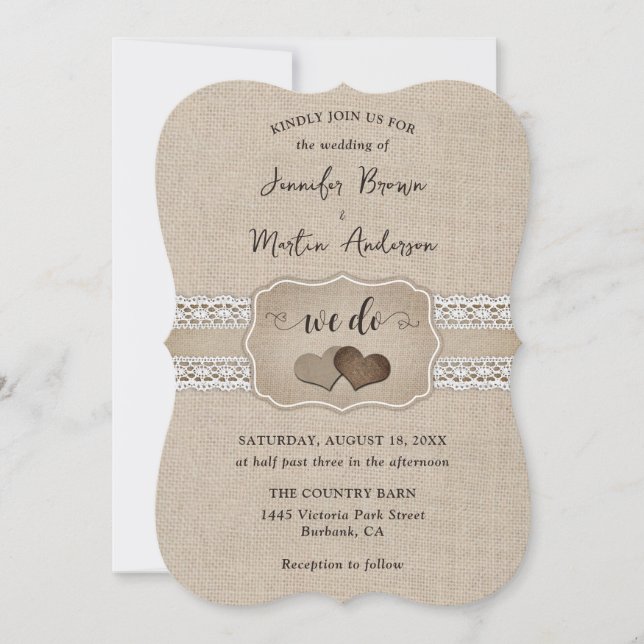 Elegant Rustic Burlap and Lace Wedding Invitation (Front)